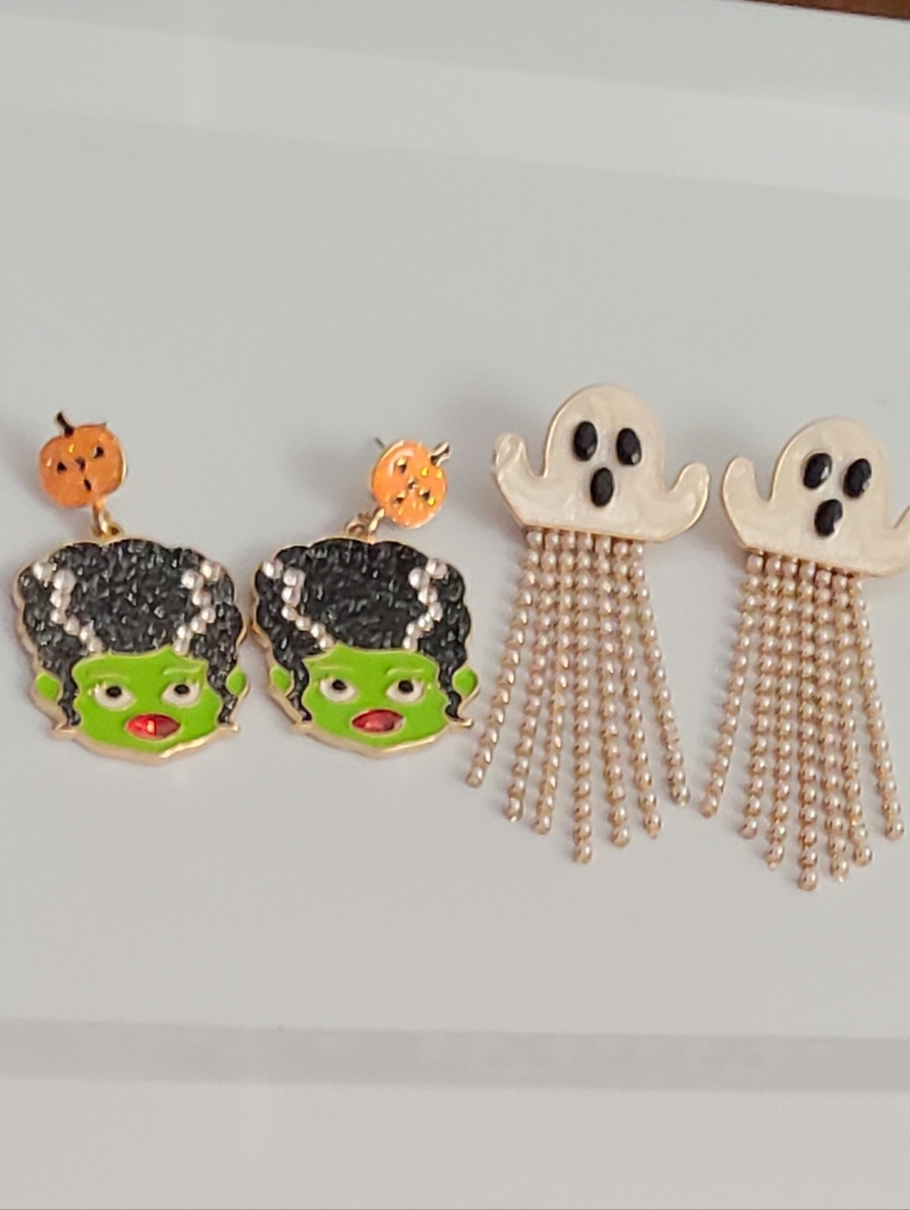 Halloween Earrings Enamel Rhinestones Ghost Frankenstein Pearls Tassel Pierced